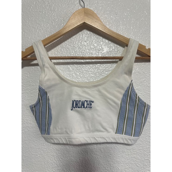Jordache Tops - VTG Jordache Women's White Crop Top Blue Gingham Trimmed Accents Casual